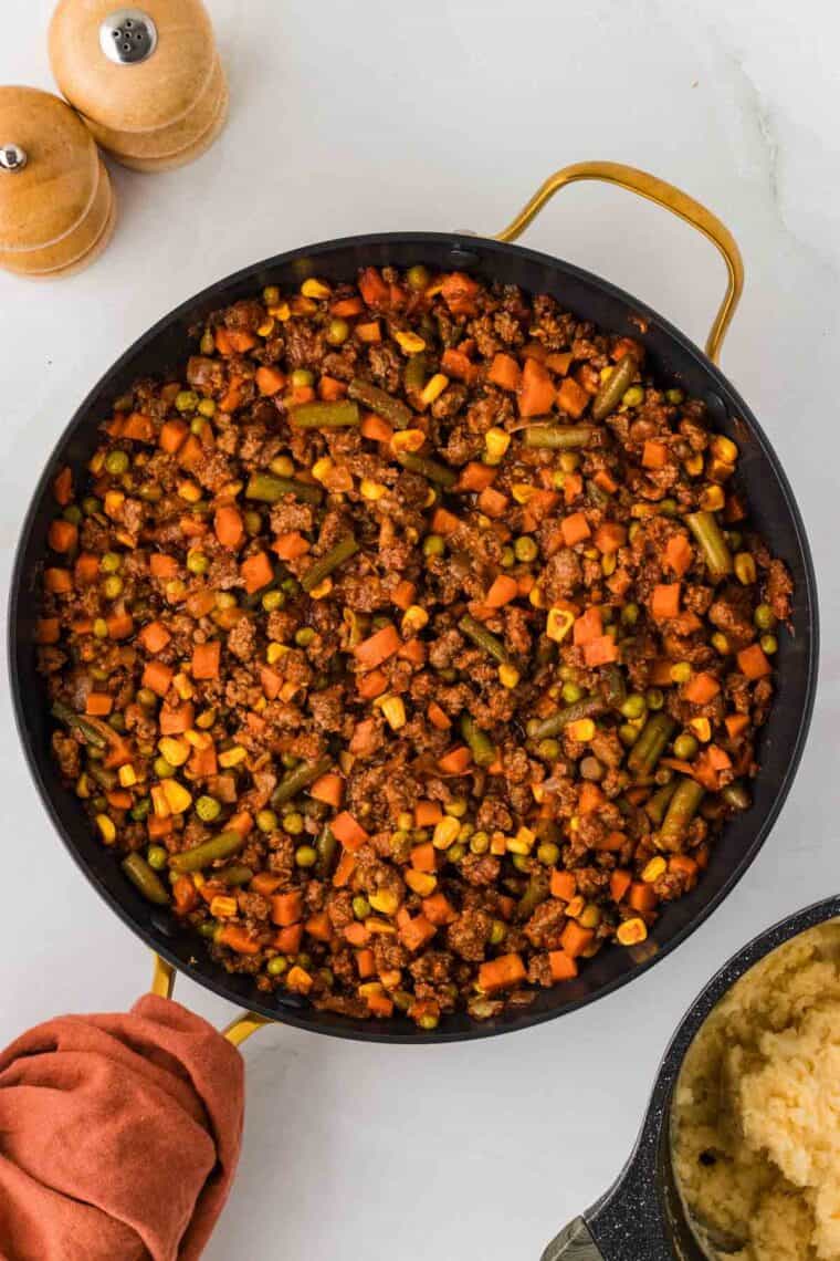 Shepherd's pie filling in a skillet