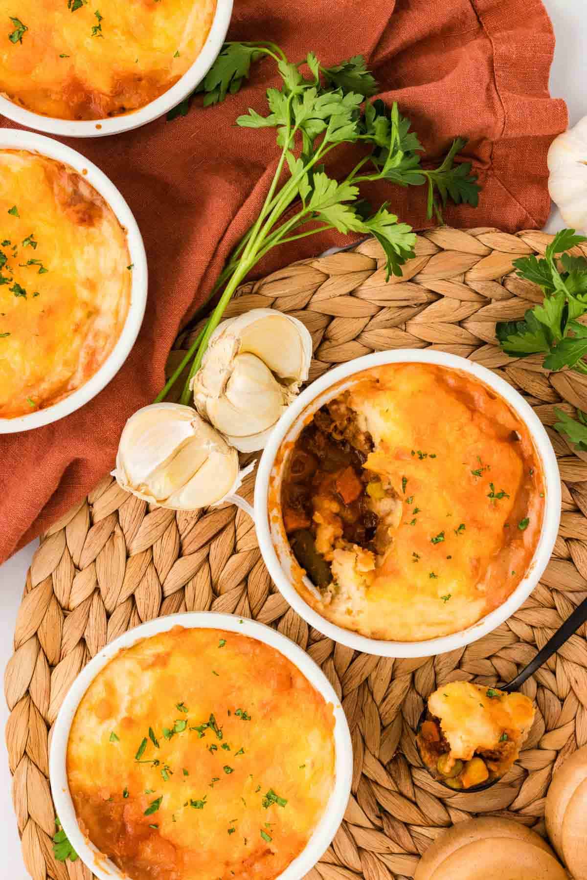 Overhead view of mini shepherd's pies on the counter