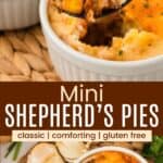 Pinterest graphic with photos of mini shepherd's pies