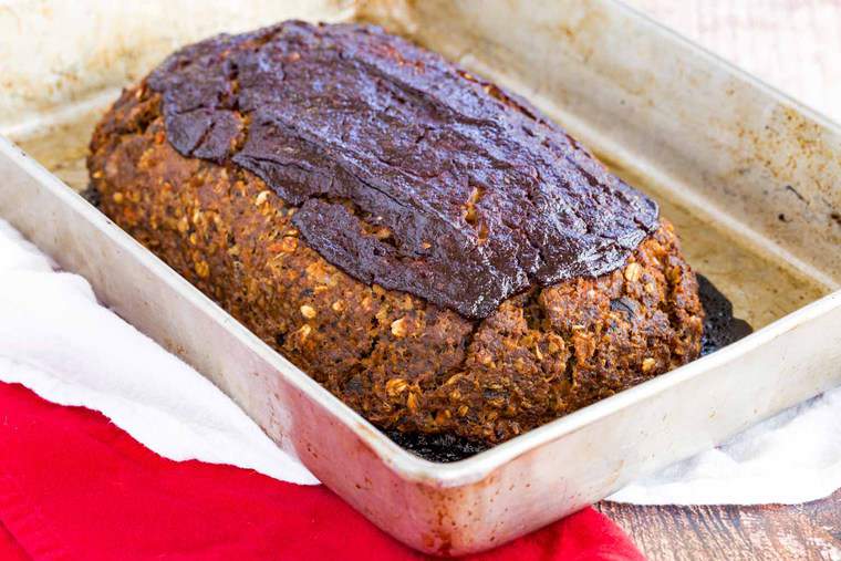 Whole Balsamic Glazed Meatloaf in a baking pan