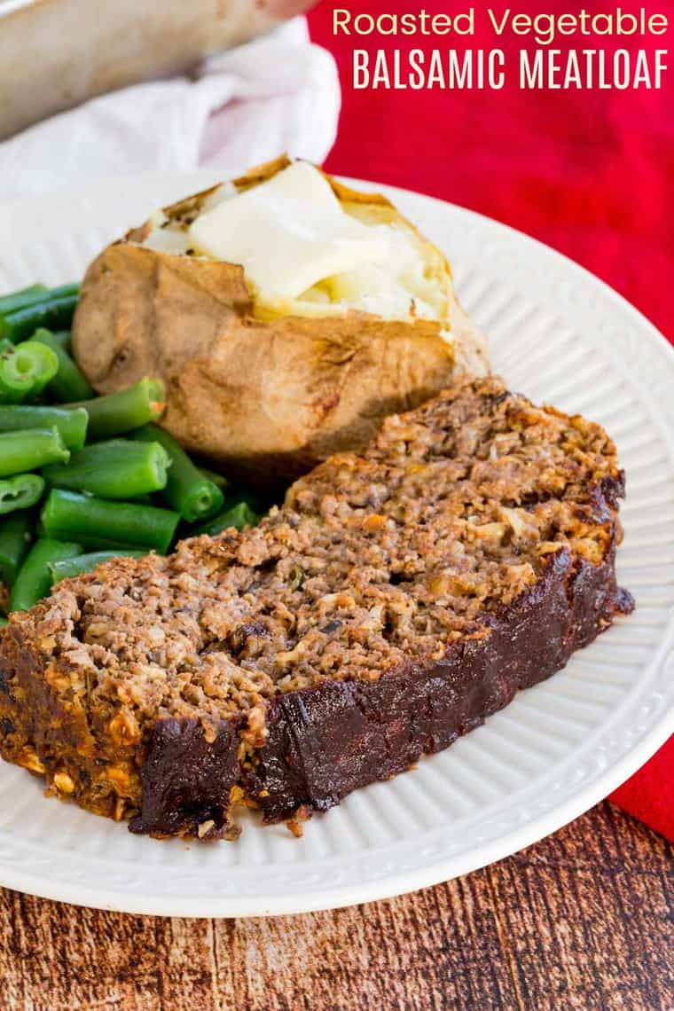 Roasted Vegetable Balsamic Meatloaf Recipe Image with title