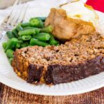 Roasted Vegetable Balsamic Meatloaf Dinner with green beans and baked potato