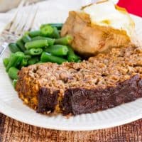 Roasted Vegetable Balsamic Meatloaf Dinner with green beans and baked potato