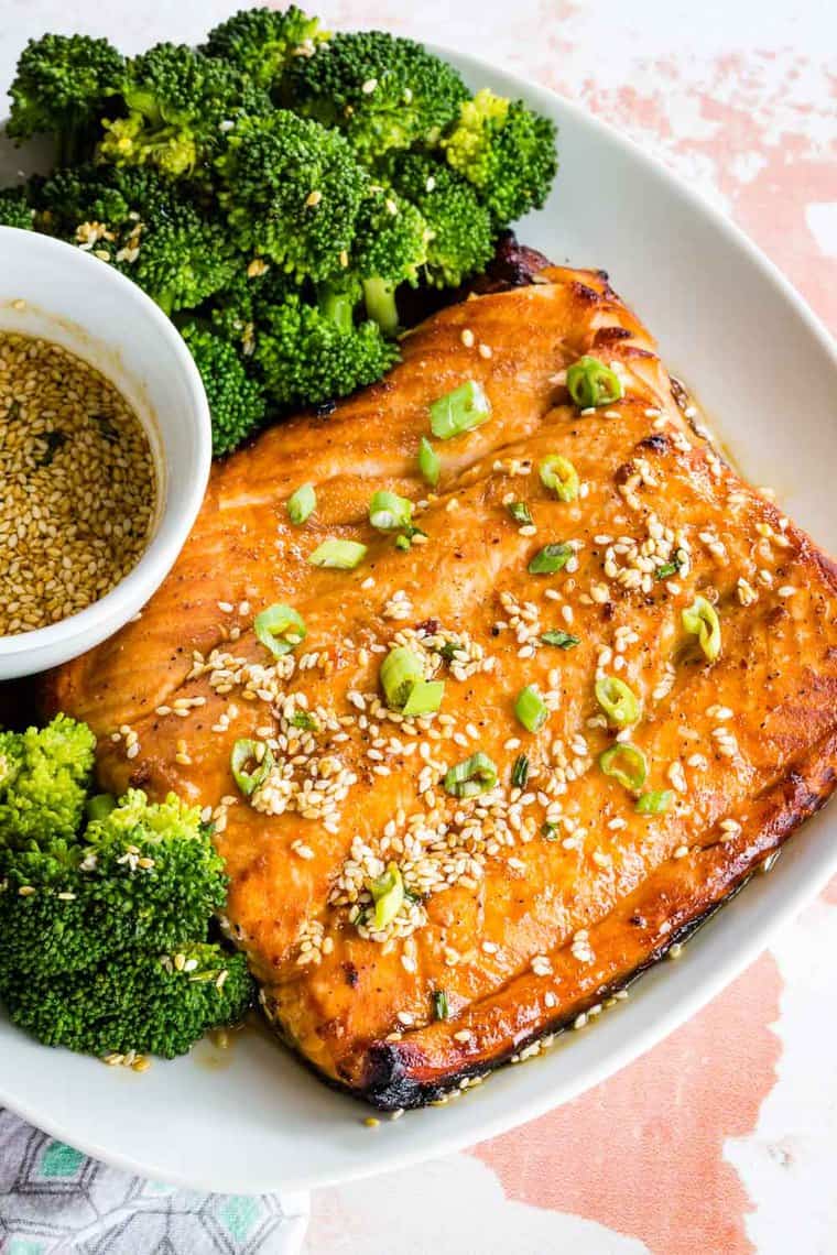 Broiled salmon on a plate with maple sesame glaze