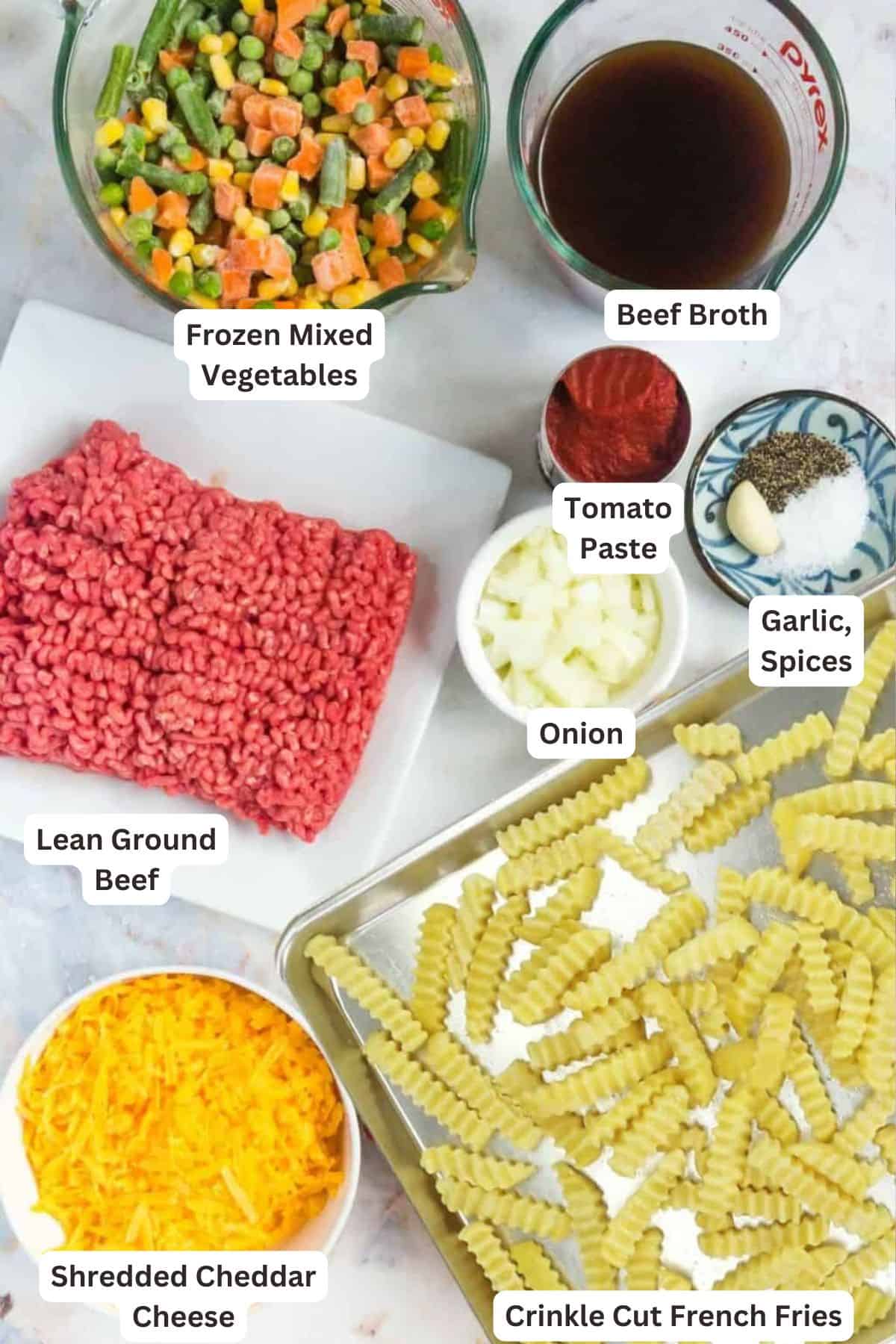 Ingredients for Shepherd&rsquo;s Pie Loaded French Fries.