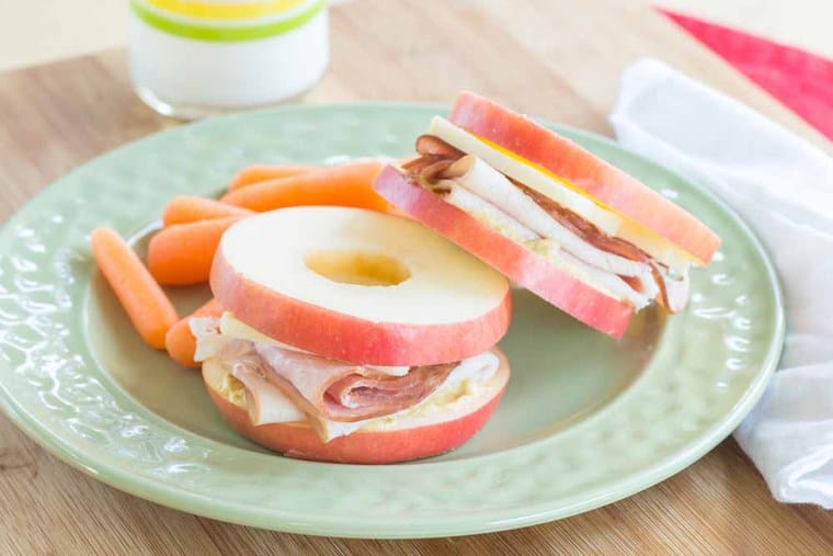 No Bread Sandwich on apple slices with turkey, ham and cheese on a green plate