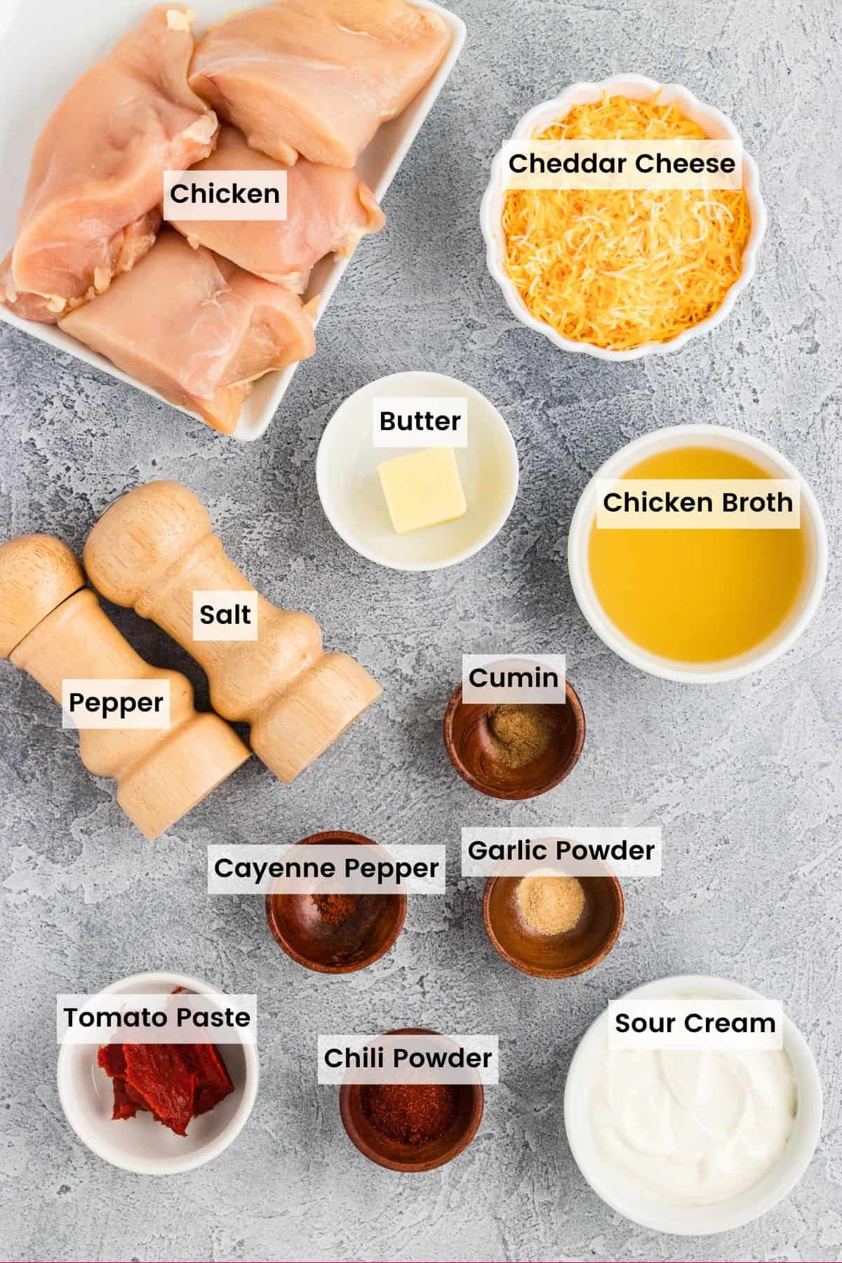 Overhead labeled ingredients needed to make chicken enchilada skillet