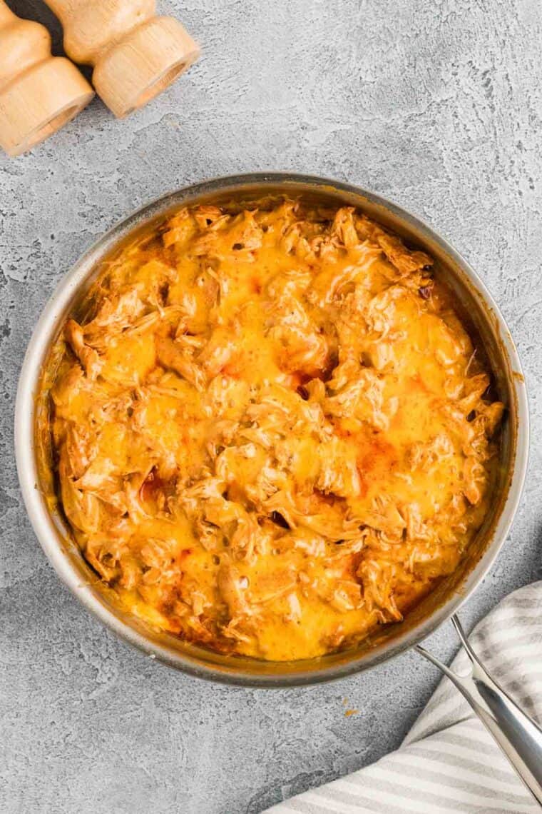 Overhead view of chicken enchilada skillet dinner