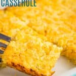 A spatula picking up a piece of the cauliflower casserole out of a baking dish divided by a green box with text overlay that says "Cauliflower Hash Browns Casserole".
