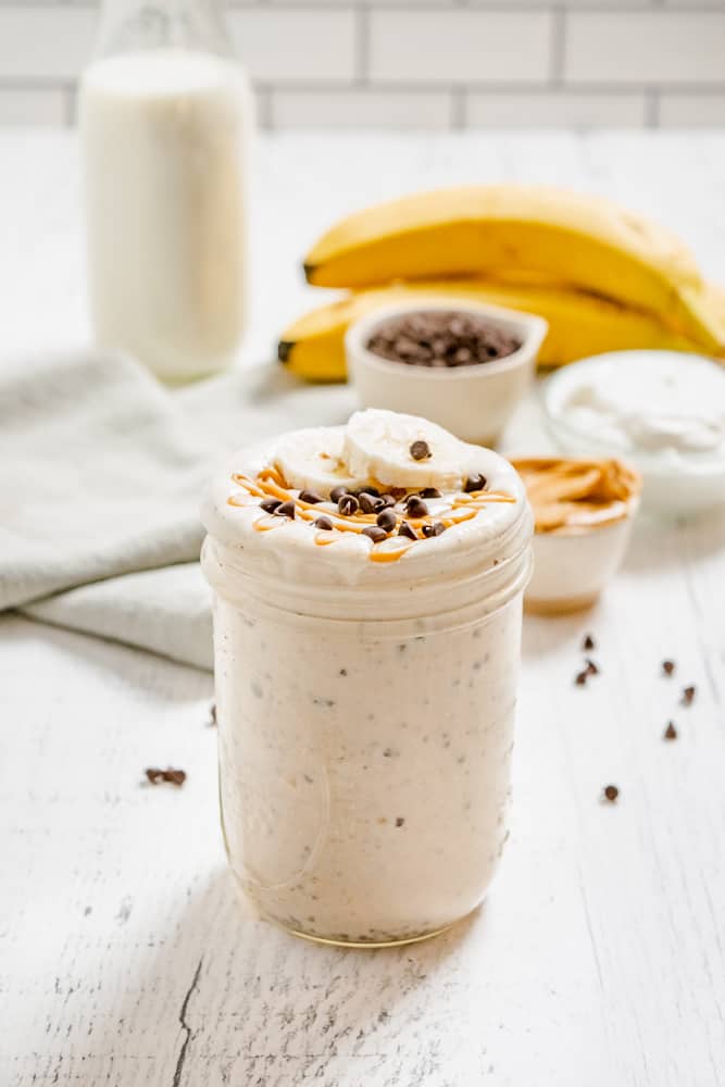 Chocolate Chip Banana Peanut Butter Smoothie in a glass jar