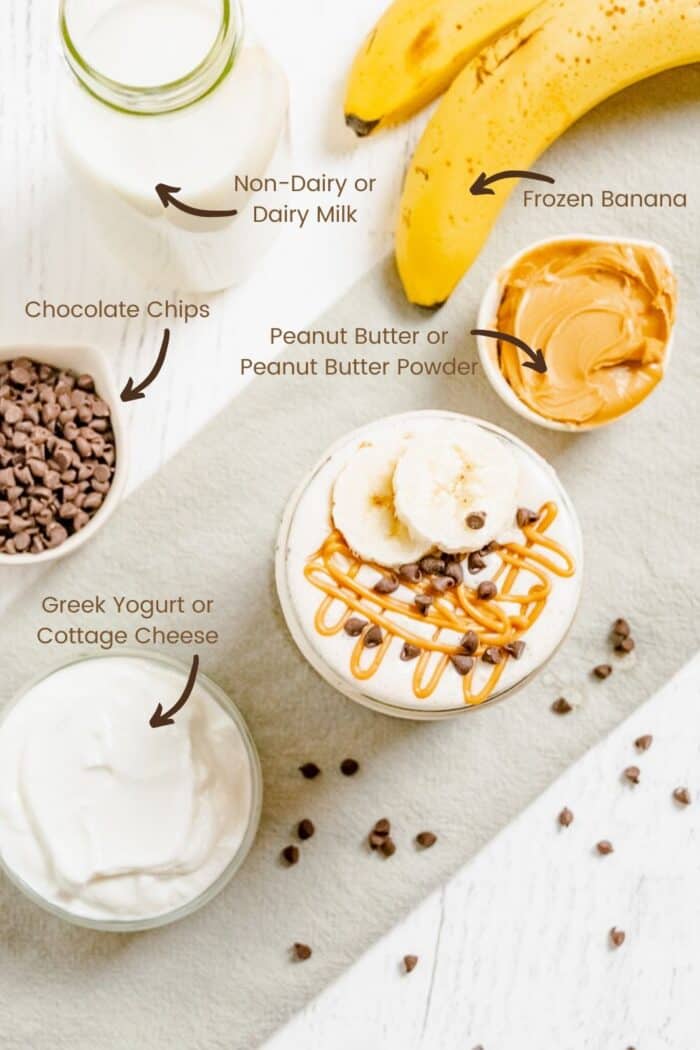 Labeled Ingredients to make a Chocolate Chip Peanut Butter Banana Smoothie