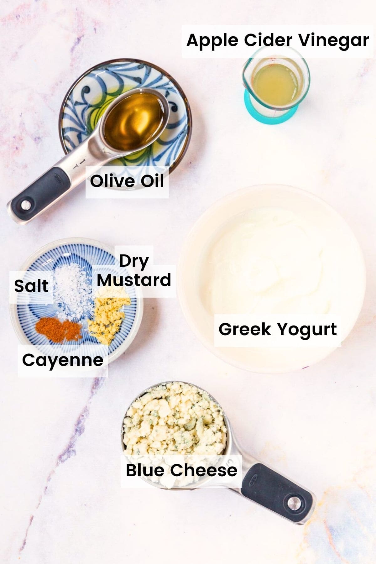 Ingredients for Greek yogurt blue cheese dip with text labels.