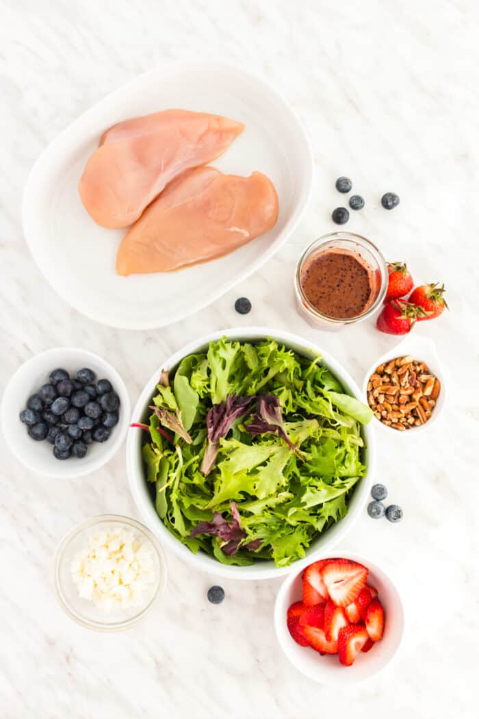 Overhead of ingredients to make a grilled chicken salad with blueberries, strawberries, goat cheese, and pecans