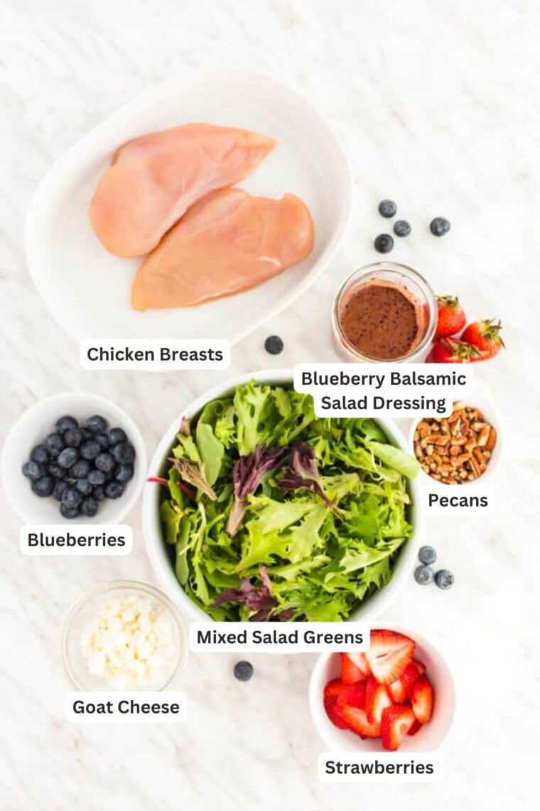 Ingredients for Grilled Chicken Salad with Berries and Blueberry Maple Balsamic Vinaigrette.