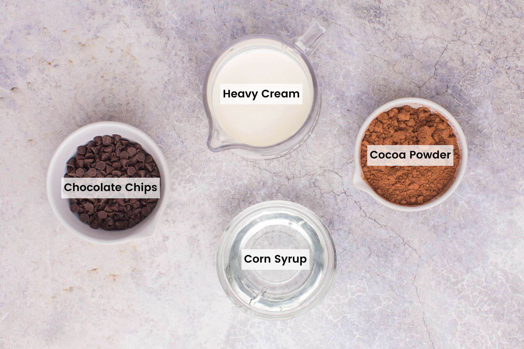 Overhead view of ingredients needed to make hot fudge sauce