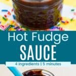 Pinterest graphic with two photos of hot fudge sauce