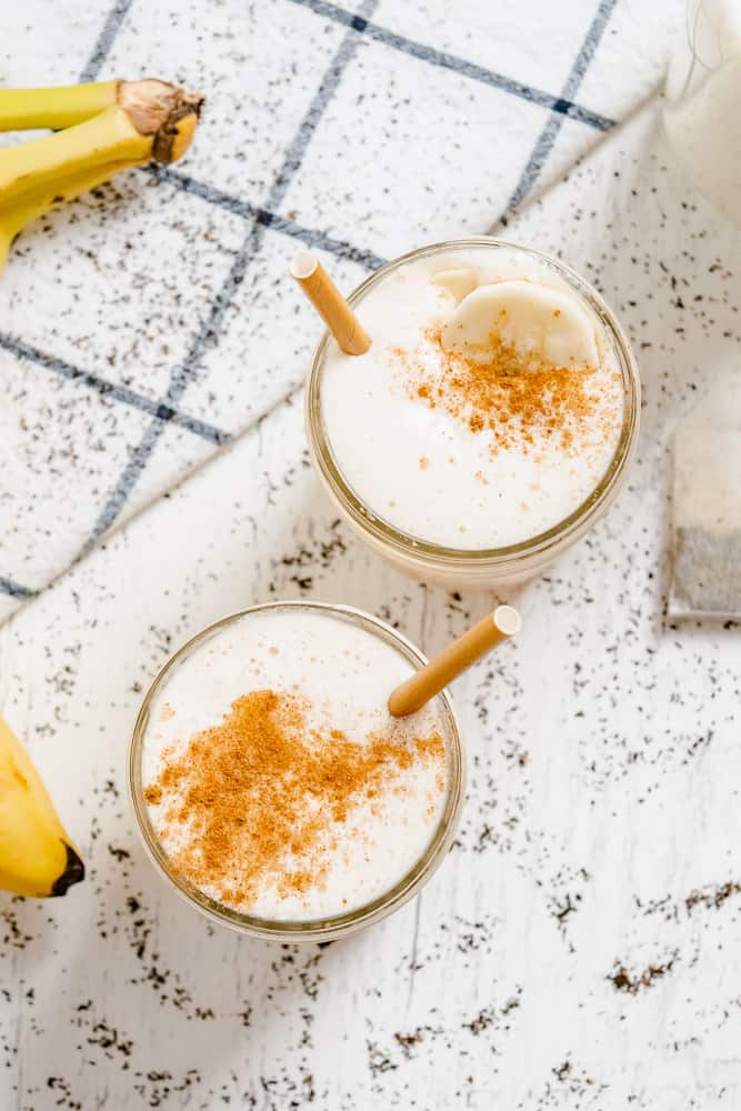 Overhead of two Chai Tea Latte Banana Smoothies