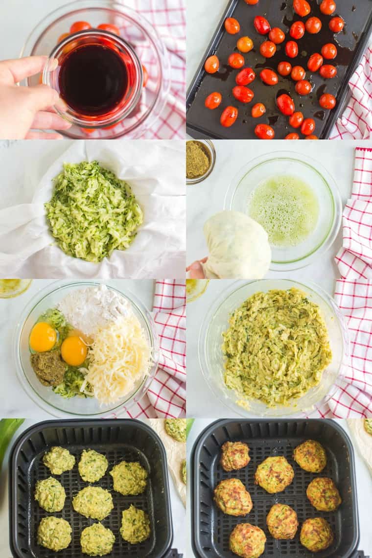 Collage of step-by-step process photos for how to make air fryer zucchini fritters and roasted balsamic tomatoes topping