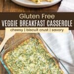 A piece of gluten free breakfast bake on a white plate with a bite out of the corner and the casserole in a glass baking dish divided by a brown box with text overlay that says "Gluten Free Veggie Breakfast Casserole" and the words cheesy, biscuit crust, and savory.