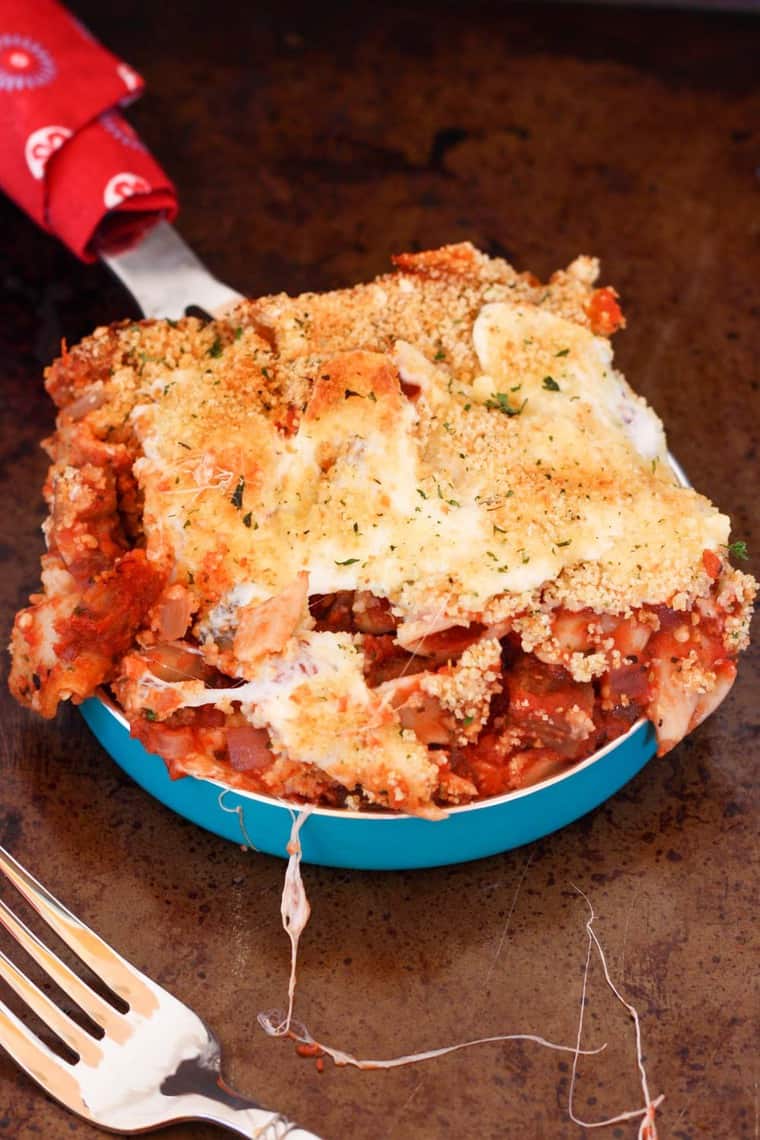 Penne and Eggplant Casserole topped with mozzarella cheese and bread crumbs