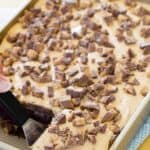 Peanut Butter Cup Poke Cake Recipe Image with title