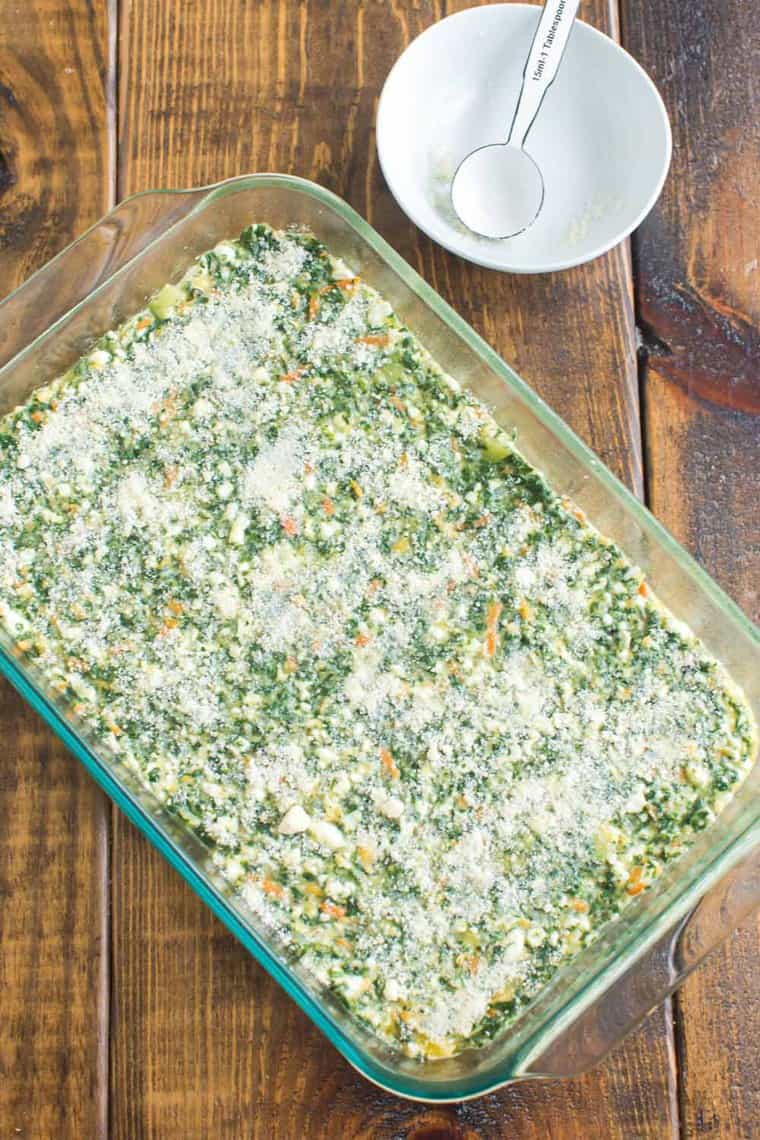 Unbaked casserole in a glass baking dish