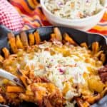 BBQ Pulled Pork Loaded Sweet Potato Fries Recipe image with title