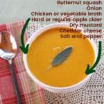 Cheddar Cheese Butternut Squash Soup with title and listed Ingredients on the image