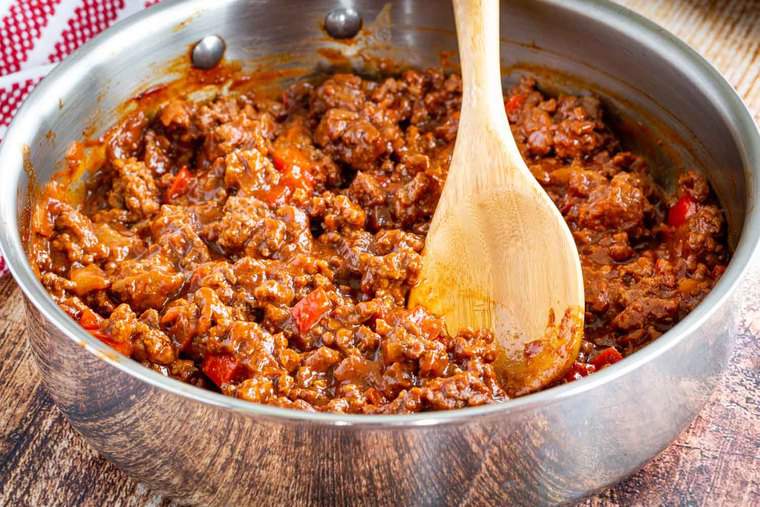 Homemade sloppy joes meat and sauce in a skillet