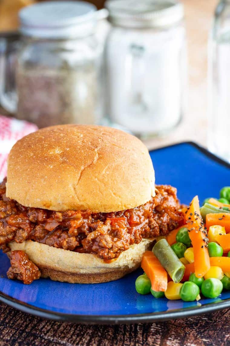 Homemade Sloppy Joes on a bun served with mixed vegetables