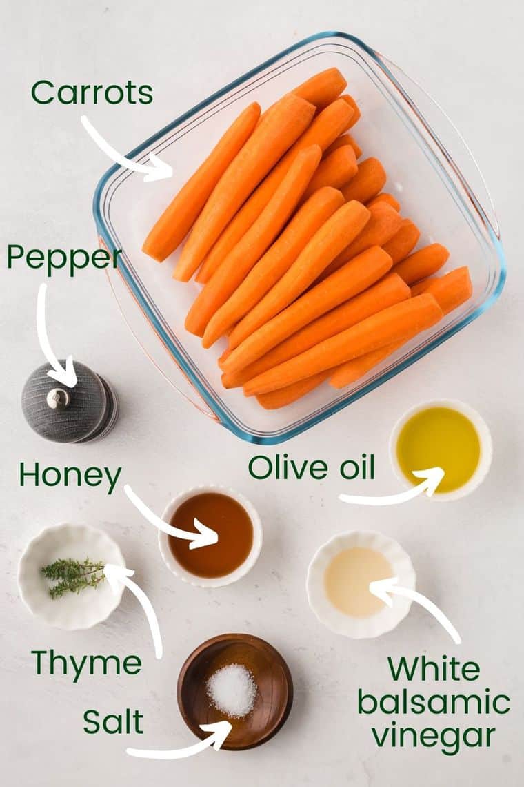 Labeled ingredients to make honey roasted carrots