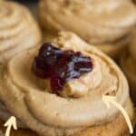 Peanut Butter and Jelly Cupcakes with title and description on image