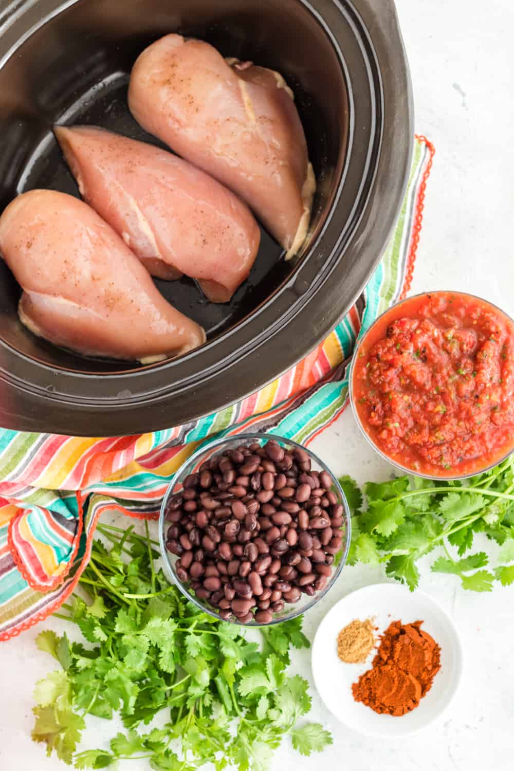 Ingredients to make slow cooker salsa chicken spread out on a marble countertop wirth the raw chicken breasts in a crockpot.