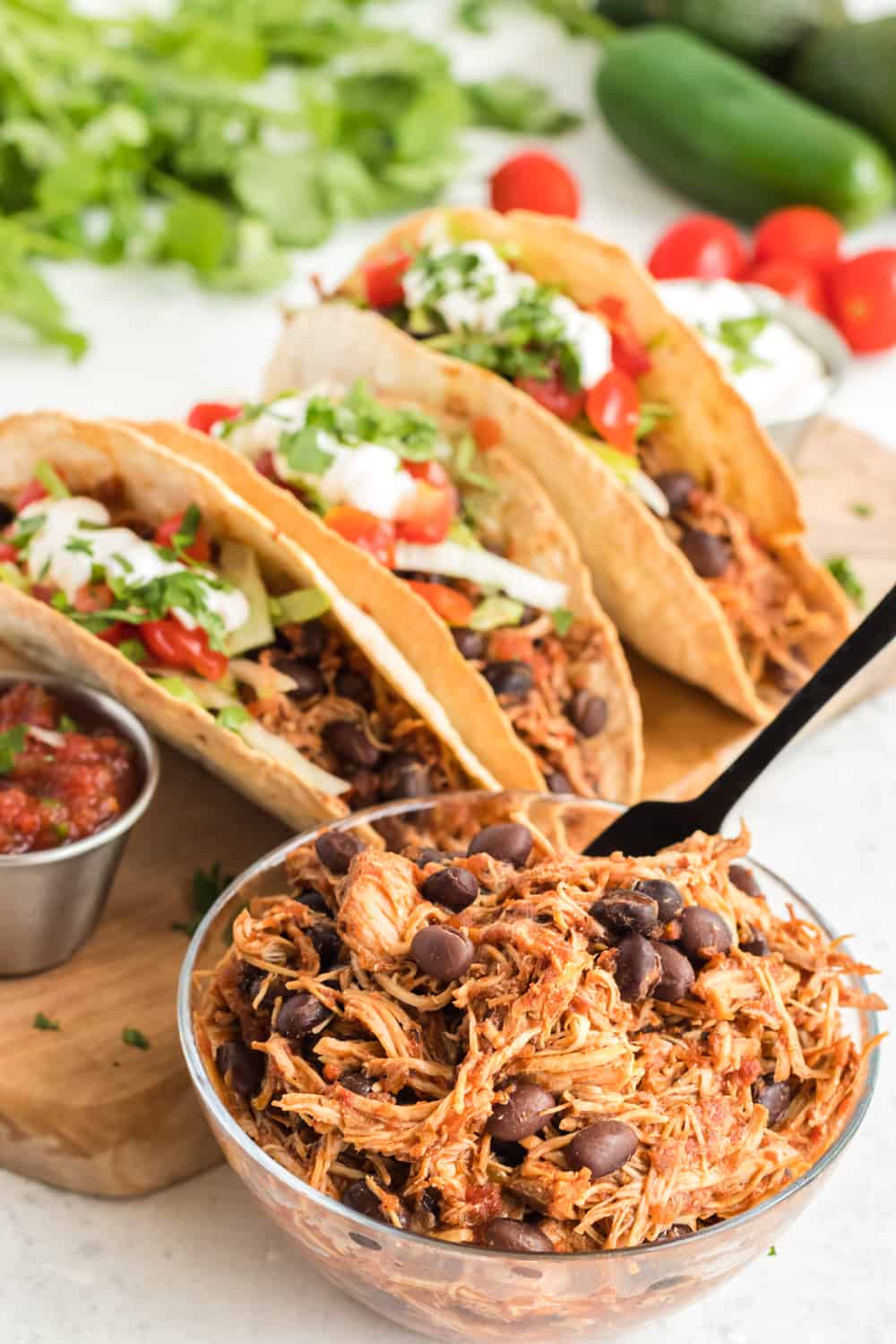 Mexican chicken and black beans in a bowl to make tacos