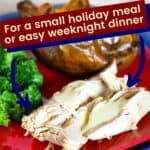 BBQ Rubbed Crockpot Turkey Breast Pin with Text "for a small holiday meal or easy weeknight dinner"