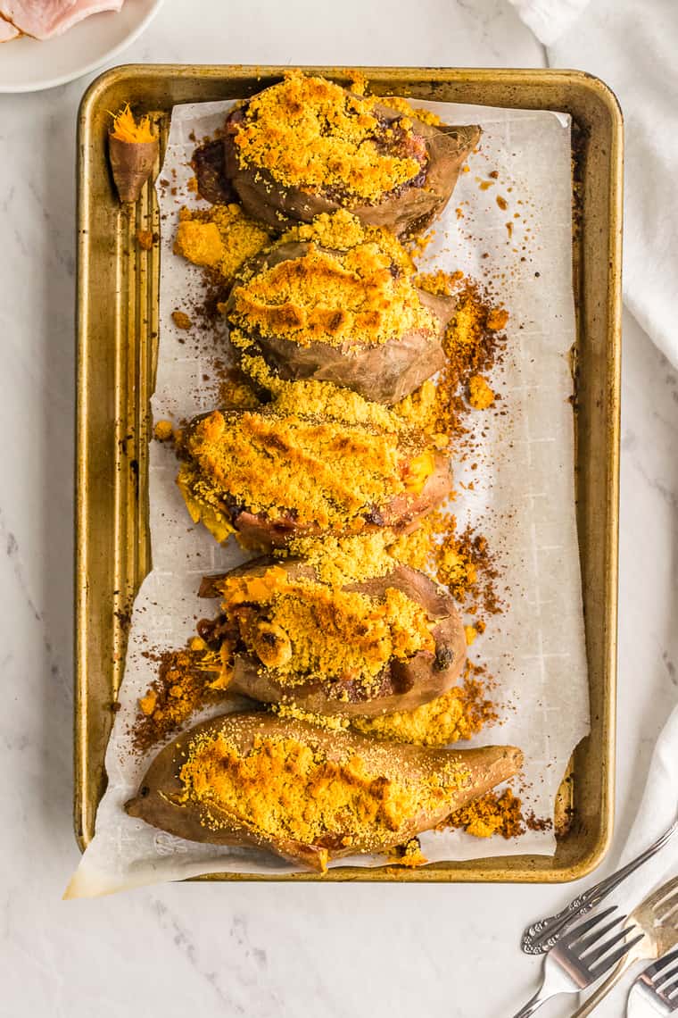 Barbecue Stuffed Sweet Potatoes on a Baking Sheet