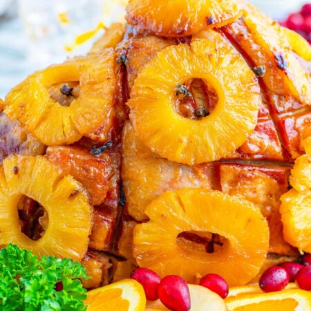 Pineapple Rings covering the outside of a baked ham