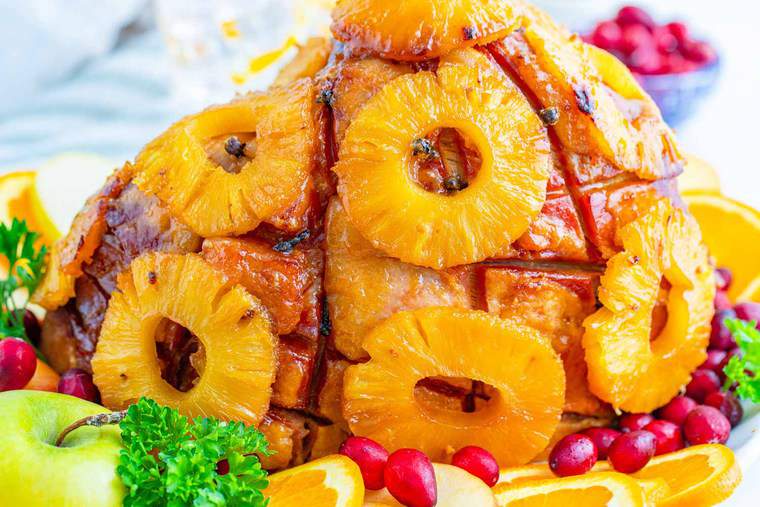 Pineapple Rings covering the outside of a baked ham