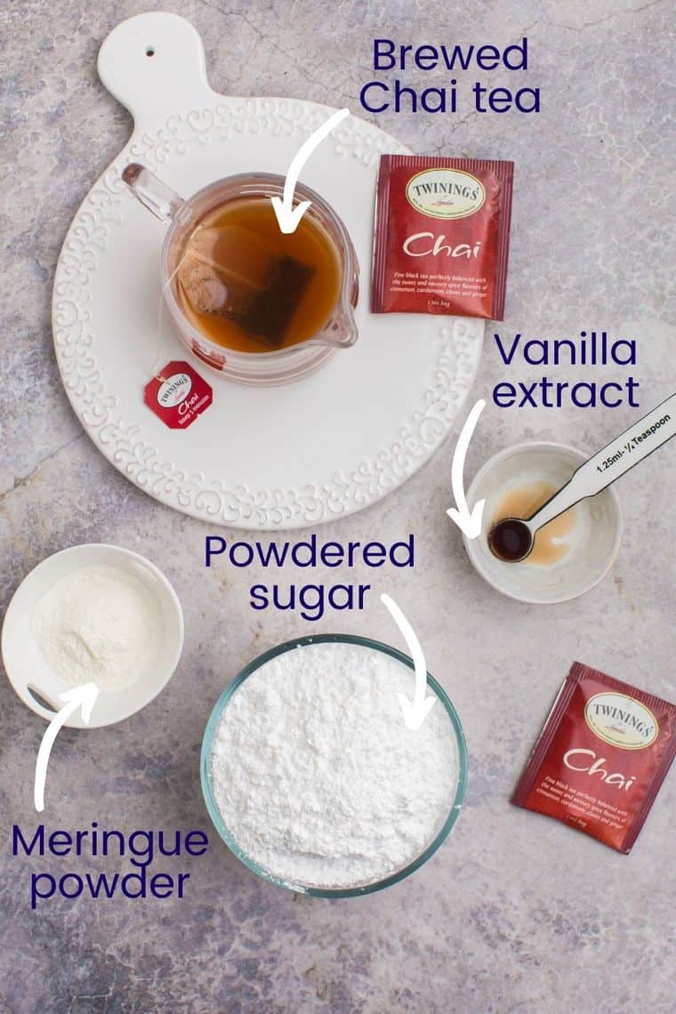 Ingredients to make Chai royal icing on a tabletop