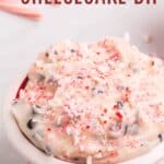 Chocolate Chip Peppermint Cheesecake Dip in a red and white holiday bowl