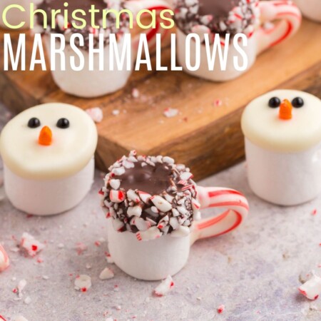 Two snowman marshmallows and one hot cocoa marshmallow