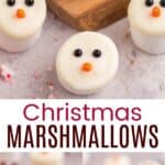 Chocolate-covered Christmas Marshmallows that look like snowman faces and hot cocoa mugs