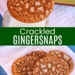 Four gingersnaps on a white napkin and one balanced on a glass of milk
