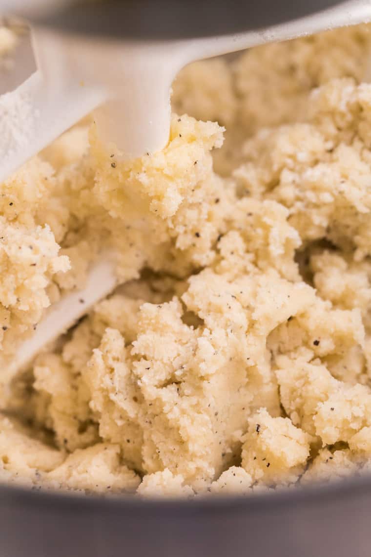 Gluten Free Sugar Cookie Dough flecked with bits of Chai tea in the bowl of a stand mixer