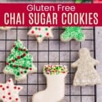 A rectangular platter of gluten free chai cookies and decorated cookies on a cooling rack.