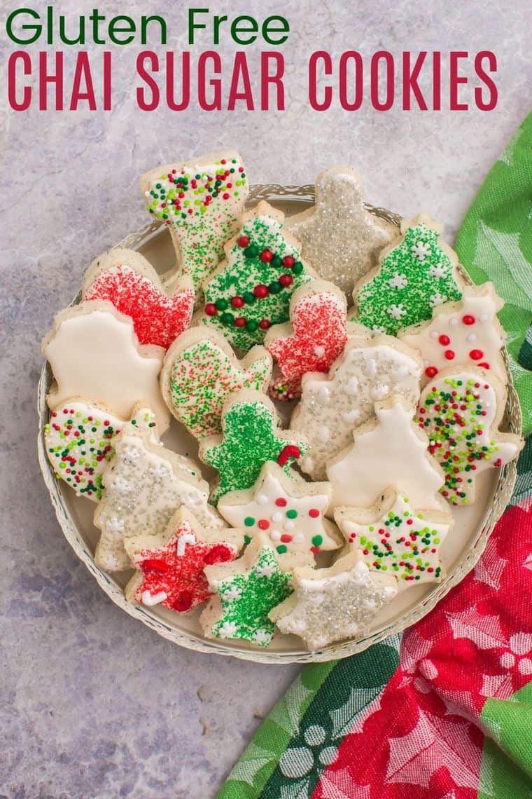 A round platter filled with decorated gluten free chai cookies