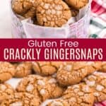 Gingersnaps with a crackled sugar topping in a tin and on a napkin