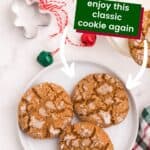 Three gingersnaps on a plate with a christmas cookie cutter shaped like a gingerbread man