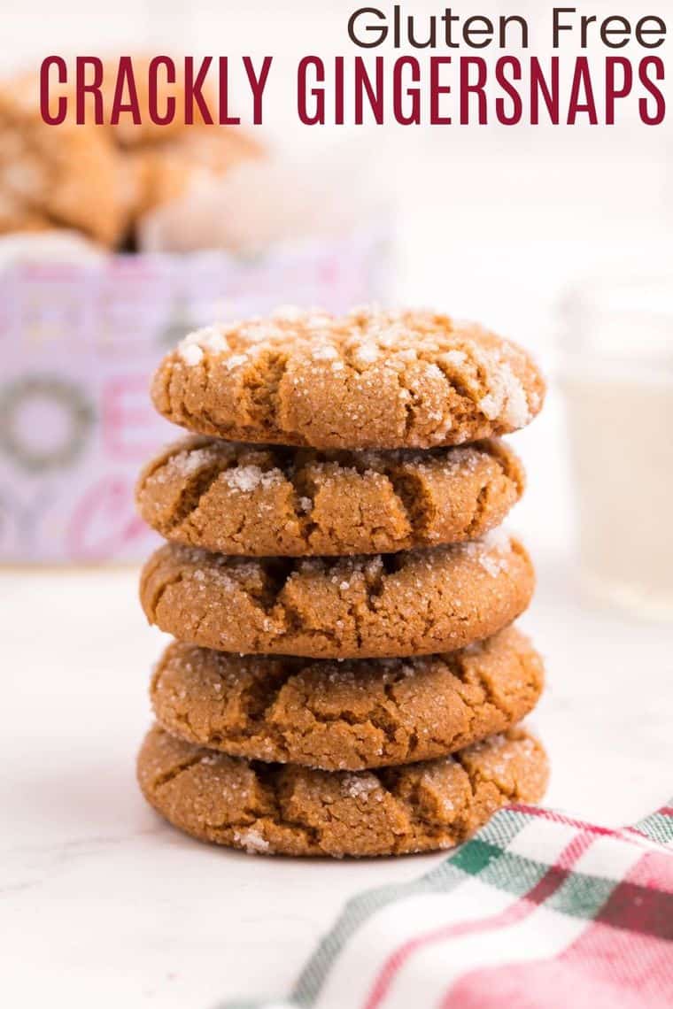 A stack of five gluten free gingersnaps with a crackled sugary topping