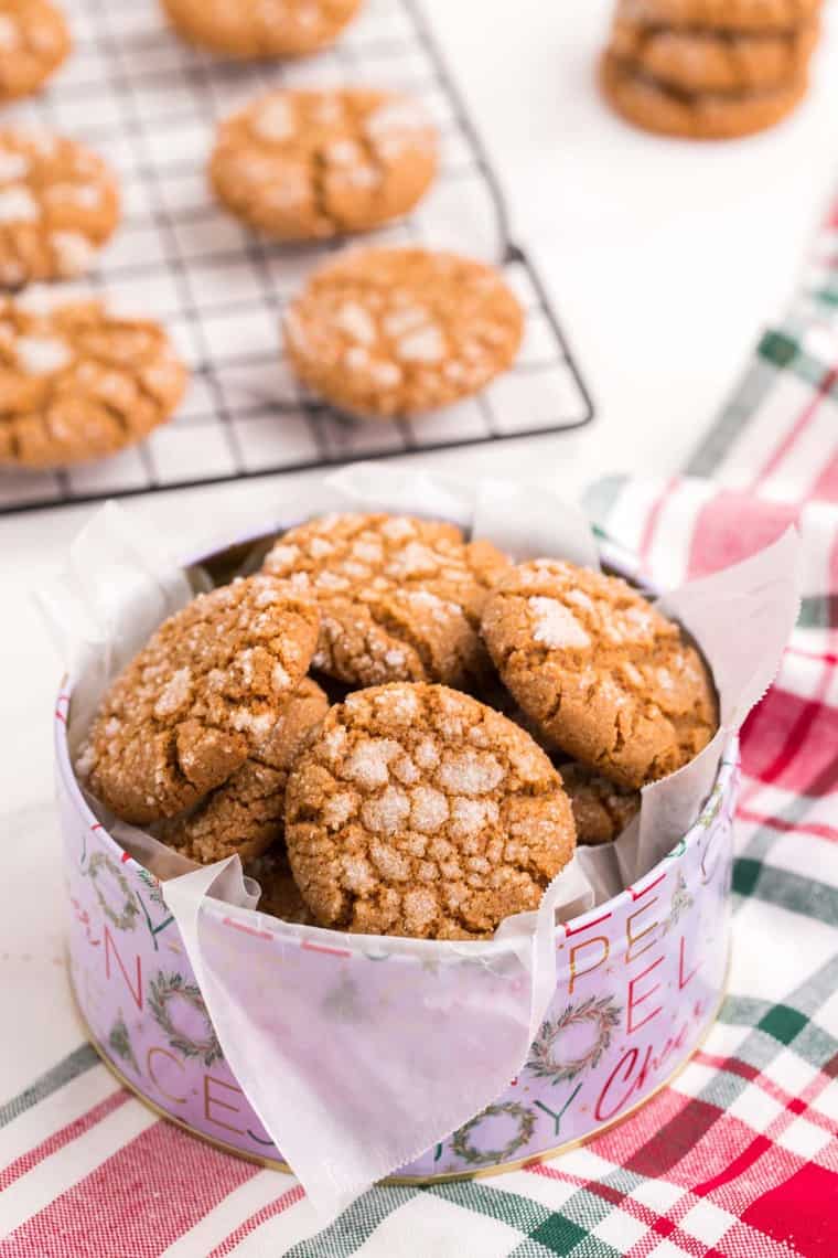 A cookie tin filled with gluten free gingersnaps